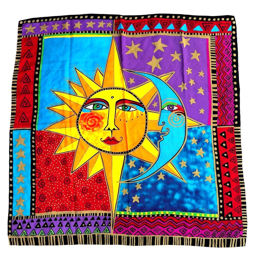 Laurel Burch silk scarf large square sun & moon colorful Art to Wear motif